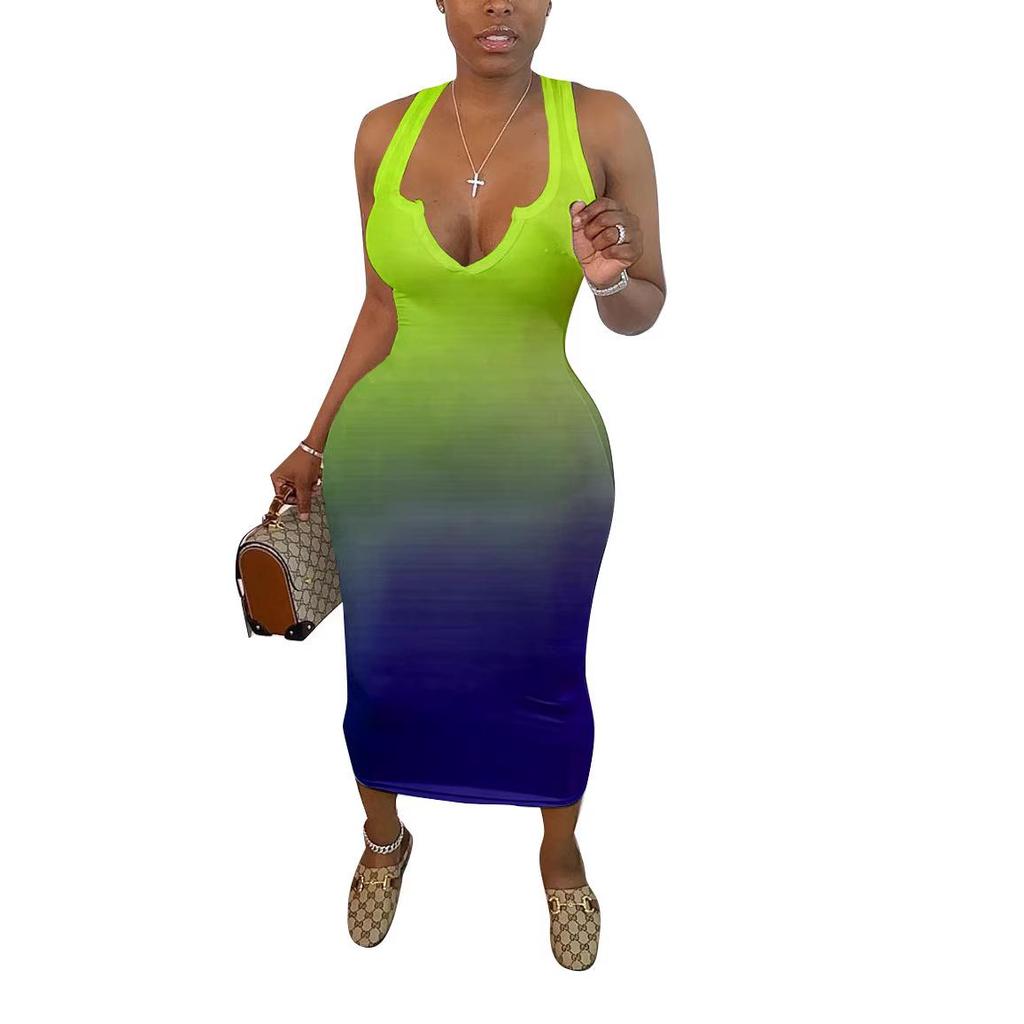 Sexy Gradient V-neck Bodycon Midi Dress - Elegant European & American Style Women's Clothing