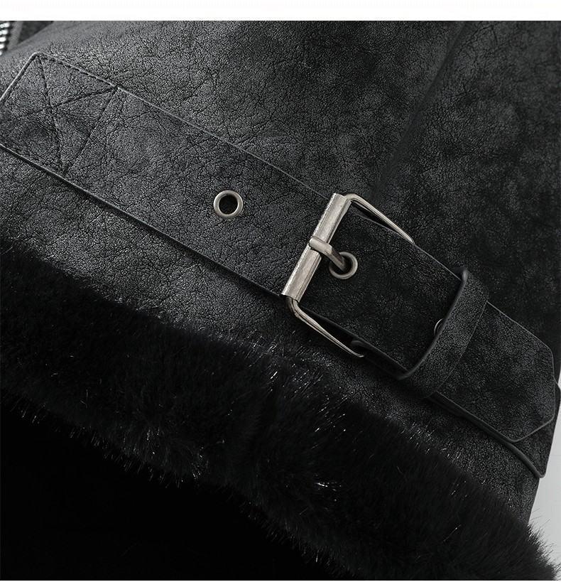 JK2035 Men's Plus Size Leather & Fur Lapel Jacket - Thickened Velvet for Autumn/Winter