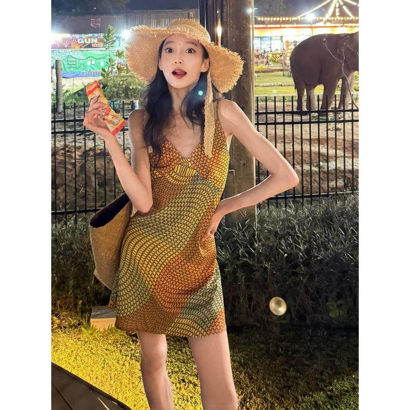 Thailand Southeast Asia Travel Wear Asymmetrical Contrast Color Oblique Cut Printing Slip Dress Women's Seaside Holiday Short Dress