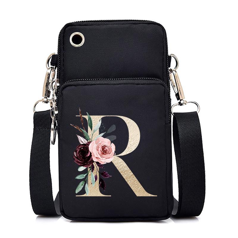 Gold Color Letters A B C D Mini Mobile Phone Bag Pink Flower Alphabet Vertical Handbag 26 Initials Flower Woman Purse Handbags