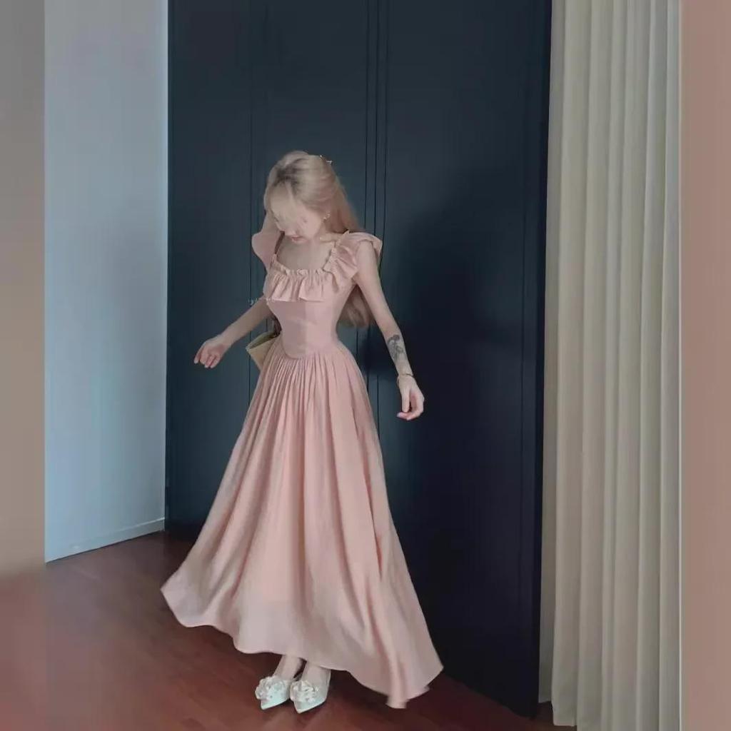 Rosa Rüschen Ärmellos Flatterärmel Quadratischer Ausschnitt Langes Kleid - Sommer 2024