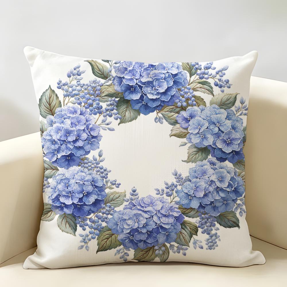 Blue Hydrangea Floral Cushion Cover Durable Hypoallergenic Organic Linen Pillow Cover Short Size Washable SkinFriendly