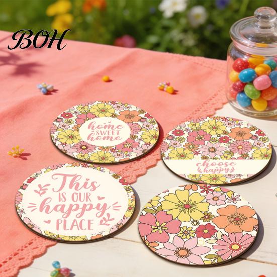 Non Slip Wood Coasters 4PCS Easter Flower Set, Thick Cork Base Non-Slip Heat Resistant Drink Durable Wooden Coasters, Floral Print Decorative for Home