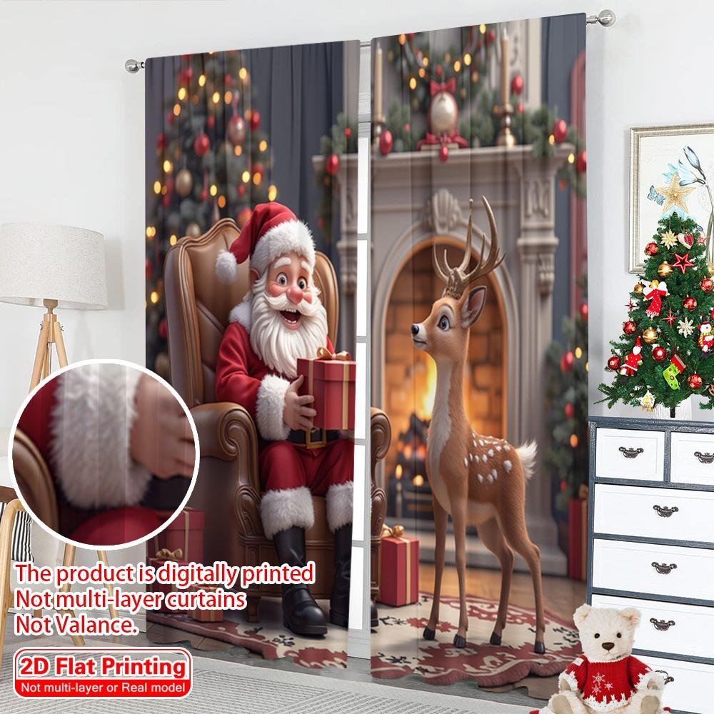 2pcs 2D Flat Printing Merry Christmas Curtain Santa Claus Deer Christmas Fireplace Fabric Without Electricity Festive Wall Decor