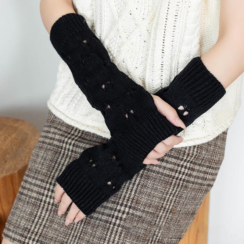 Solid Color Stylish Hollowed Out Fingerless Knitted Gloves Girl Crochet Long Hand Sleeves Warm Arm Covers Lady Elbow Mittens