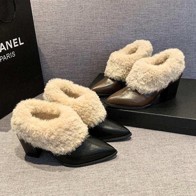 Sheepskin version~ high-end pointed loafers women's retro one-pedal fluffy single shoes high-heeled thick velvet warm cotton shoes