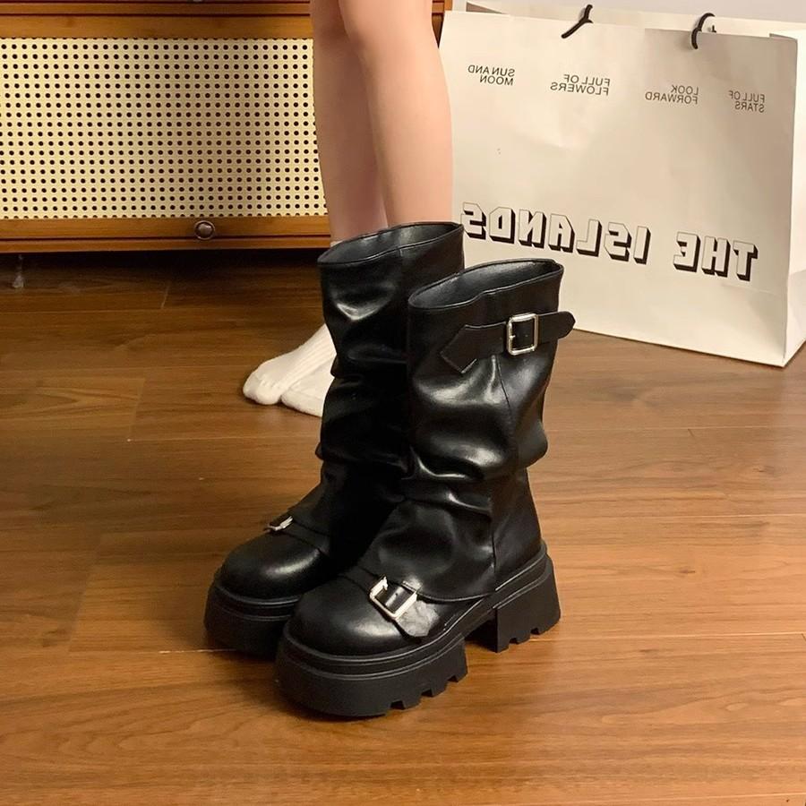 Retro Brown Thick-soled Heightening Martin Boots Women's 2025 New Spring and Autumn Maillard Stacking Boots Medium Tube Pants Tube Boots