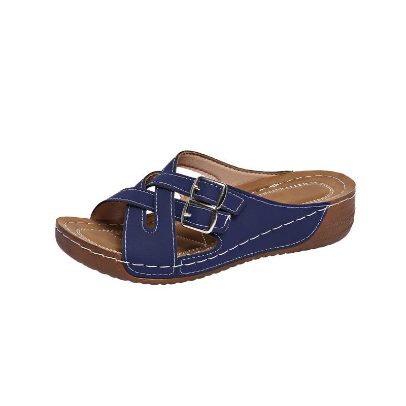 Large size flat bottom slope heel casual slippers new cross-strap solid color open-toed fish mouth slippers