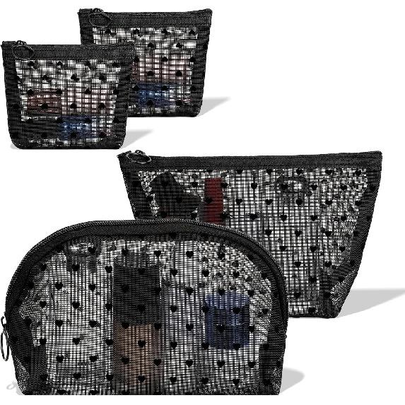4pcs Mesh Makeup Bag, Heart Print Mini Cosmetic Bags for Women Portable Zipper Travel Mesh Cosmetic Bags Makeup Accessories Organizing Pouches Small