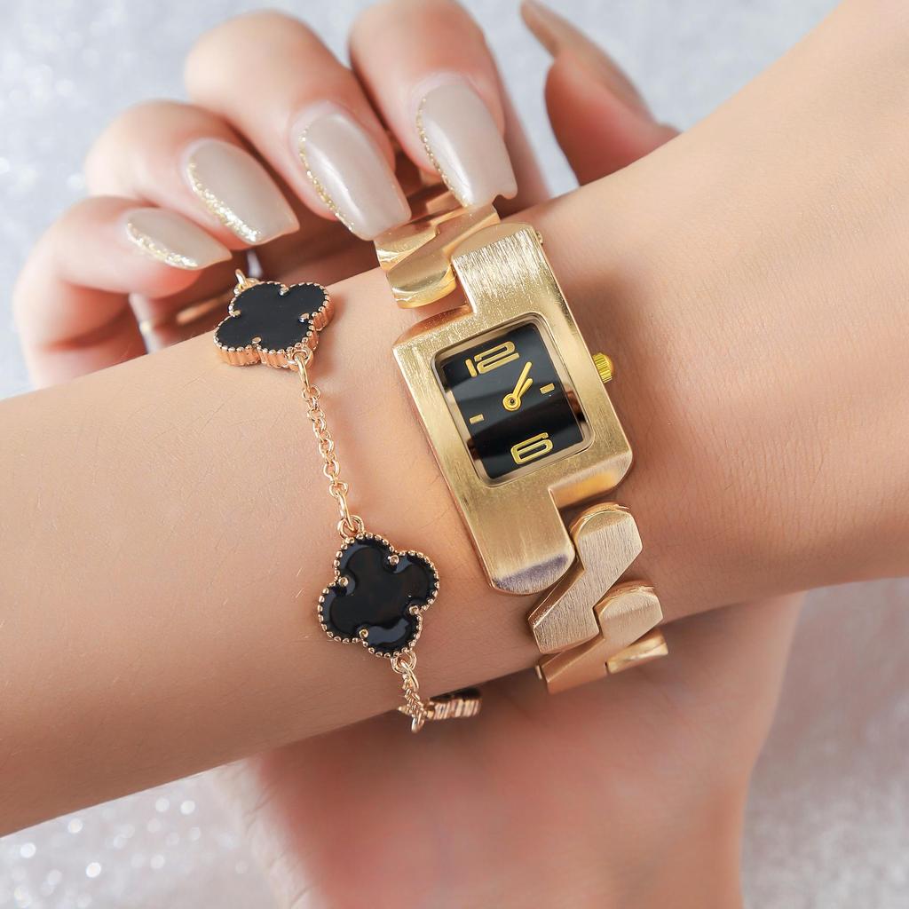 Women's Quartz Watch & Four-Leaf Clover Bracelet Set