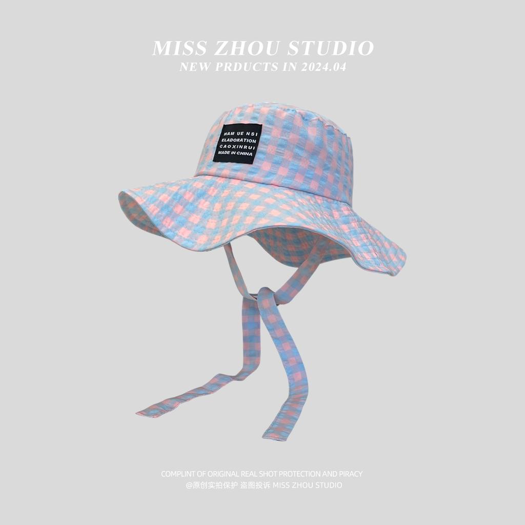 Plaid tied sunshade bucket hat women's idyllic big eaves foldable sunscreen sun hat summer