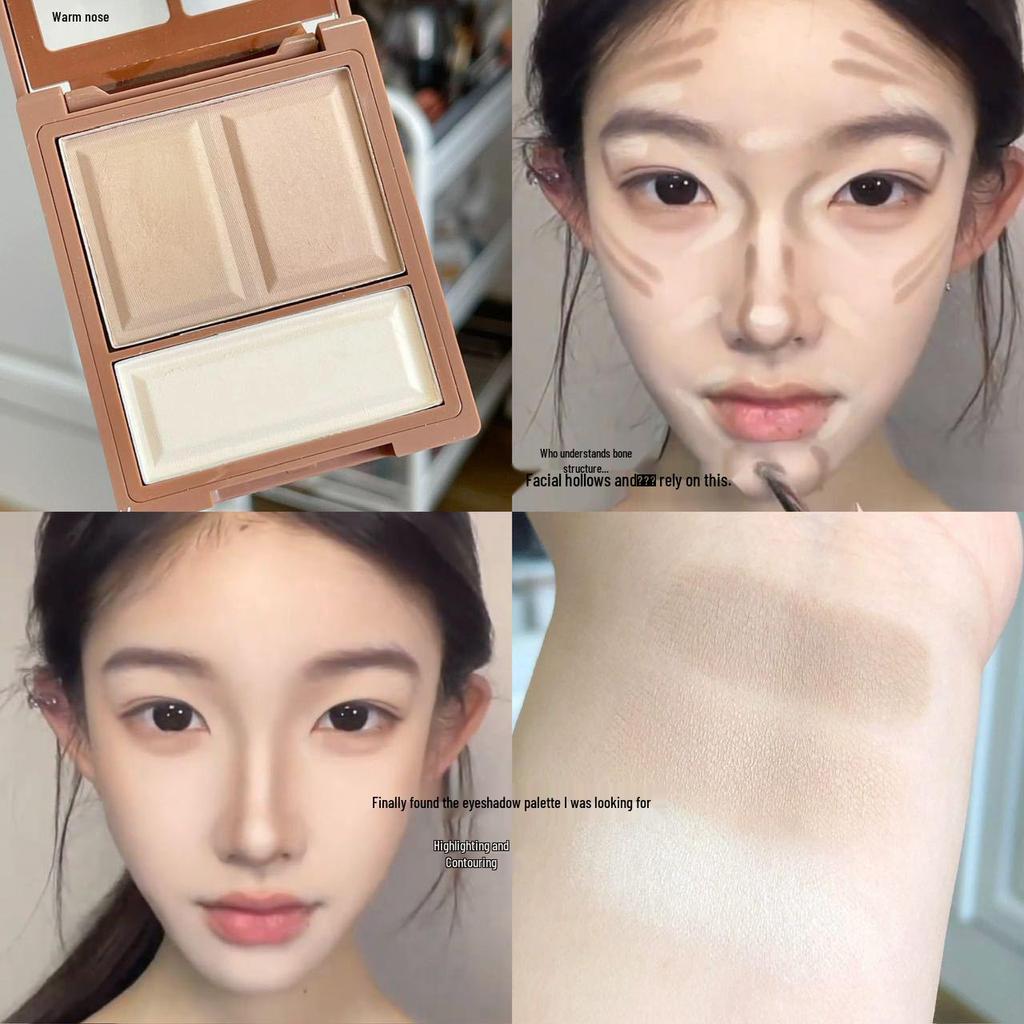 HERORANGE Three-Color Contour & Highlight Palette – Matte Nose Shadow Powder in Warm Gray Brown for Women, Autumn and Winter.