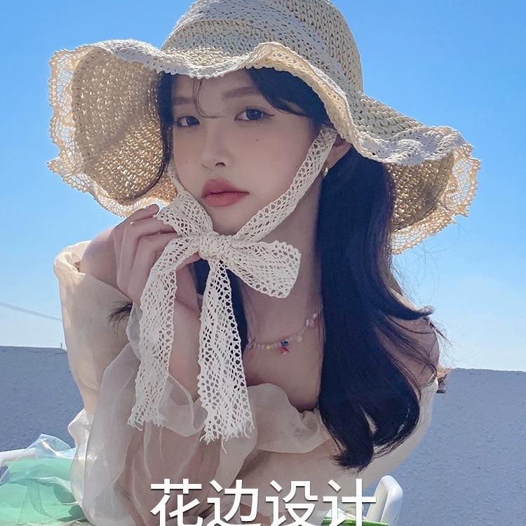 Straw hat woman, breathable lace lace lace-up, hollow straw hat, sunscreen lace edge