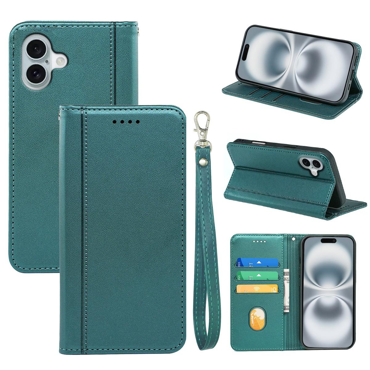 

HX01 For iPhone 16 Wallet Case Magnetic Closing PU Leather Phone Cover Green