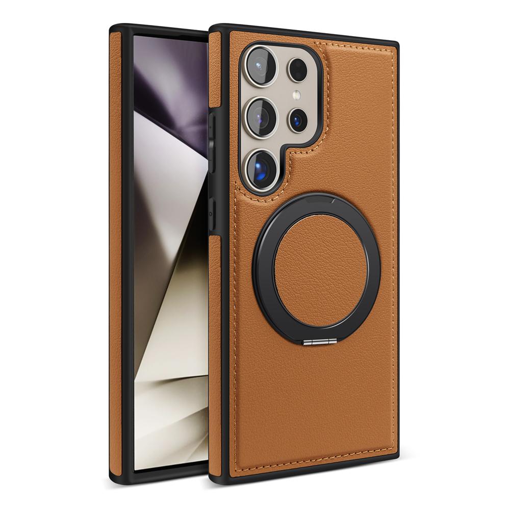 Genuine Leather Phone Case For Magsafe Samsung S24 S25 Ultra S23 S22 Ultra Plus Magnetic Rotating Metal Holder Stand Back Cover