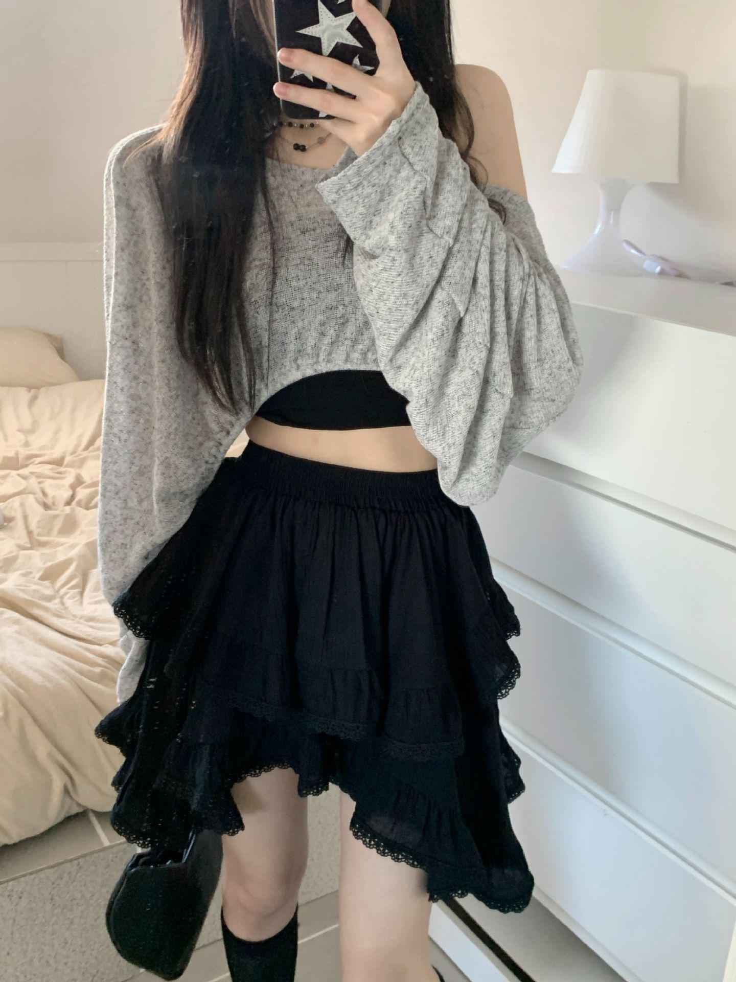 

Корейская модная однотонная милая мини-юбка с кружевной отделкой и эластичной талией XL чёрный