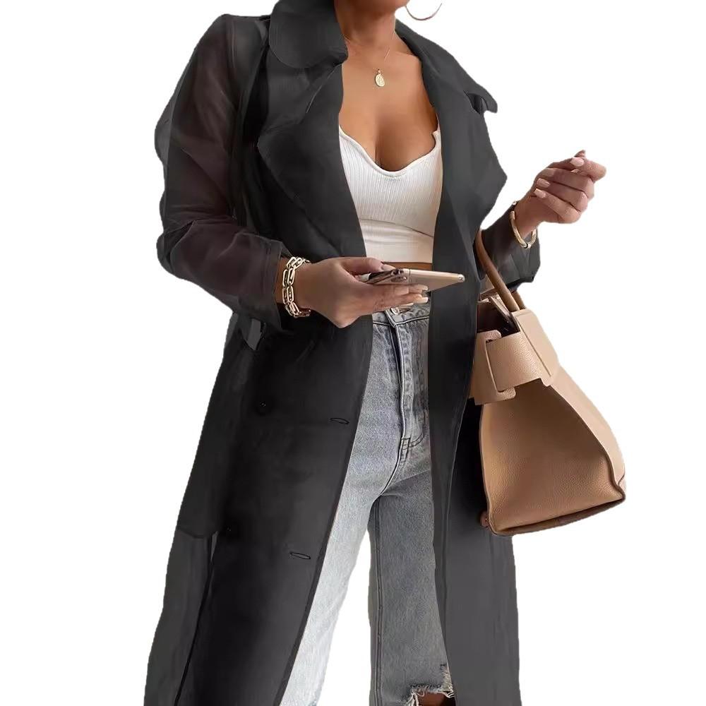 Light Brown Transparent Long Trench Coat with Belt and Double-Breasted Buttons