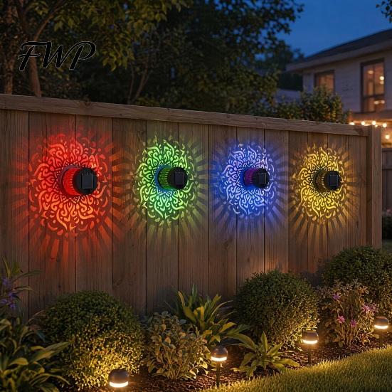 Metal Pattern Solar Lights Wall Light, 7 Color Changing Fence Outdoor Projection Seven LED Lamp, Waterproof Garden Lamp for Yard Patio Backyard Decor