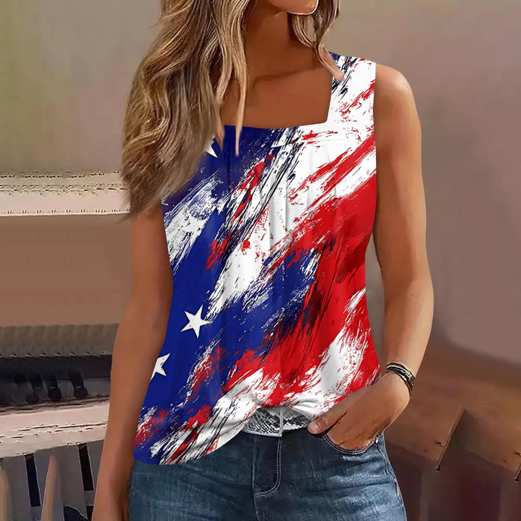 Square Collar Tank Top Women Print Tank Tee Casual Loose Fit Sleeveless Shirt