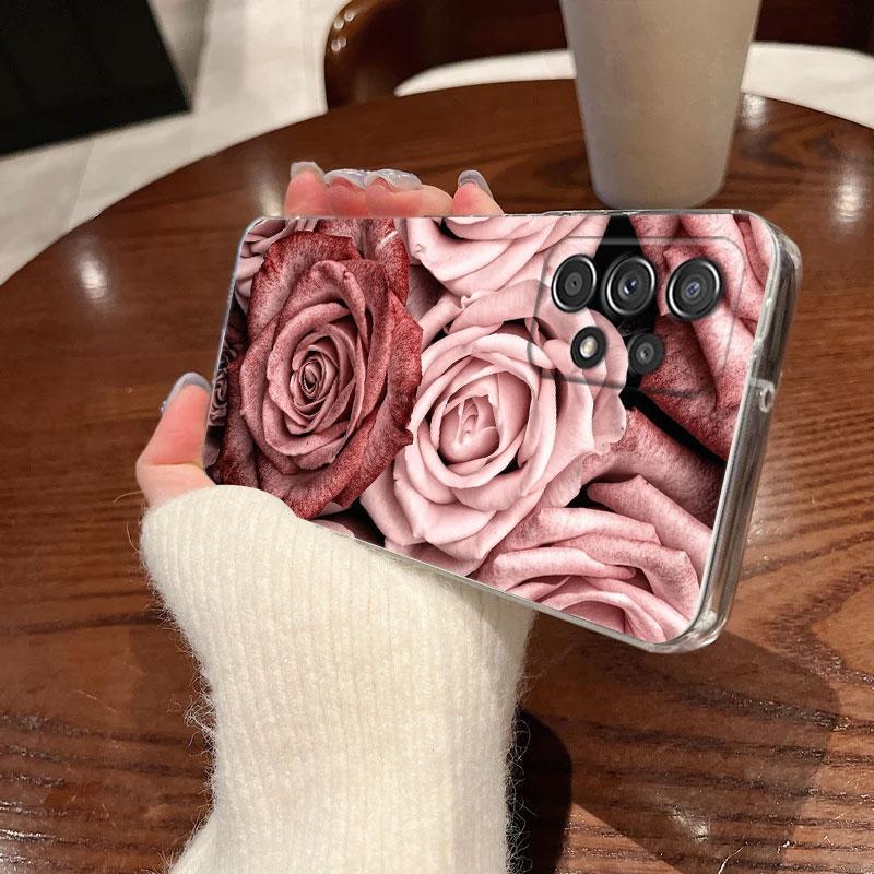 Gold Pink Rose Leaf Glitter Hearts For Samsung Galaxy A55 Case A54 A52 A53 A15 A14 A13 A21S A23 A34 A35 A33 A32 A72 Clear Cover