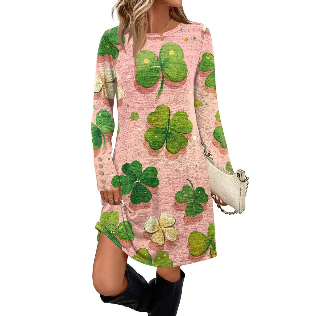 Women's Fashionable Round Neck Long Sleeved St. Patrick's Day Printed Pocket Button Casual Dress