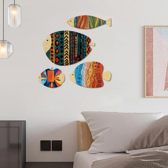 4 Pcs Wood Fish Nautical Wall Decor, Rustic Coastal Ocean Fish Wall Art, Vintage Farmhouse Hanging Beach Decor for Lake House, Bathroom, Entryway