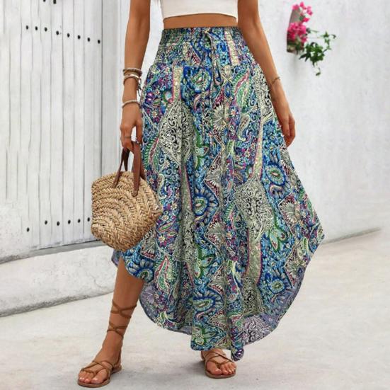 Boho Skirt Elastic High Waist A-Line Skirt Boho Adjustable Lace-up Retro Printed Loose Fit Slimming Skirt