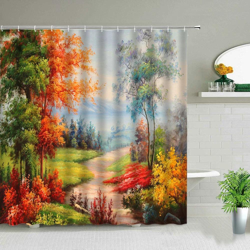 Dream Arch Door Forest Scenery Shower Curtains Ocean Beach Green Leaf Lavender Hot Air Balloon Wolf Bathroom Screen Bath Curtain