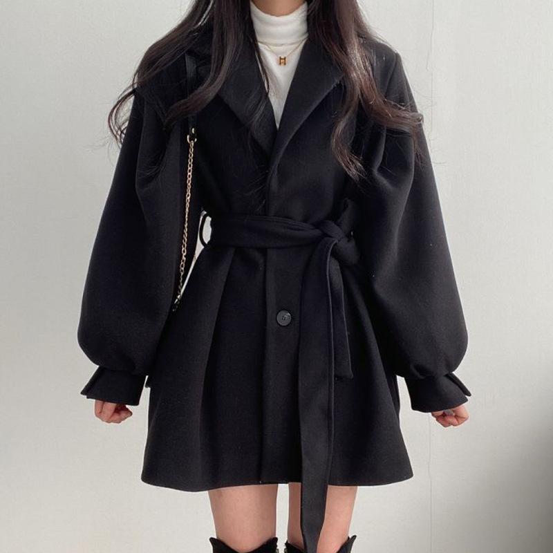Cappotto da abito retrò retrò di inizio autunno, ampia fascia larga in vita, manica a lanterna sottile, piccolo cappotto in tweed da donna