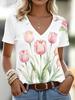Women's Watercolor Tulip Print V-Neck T-Shirt, Casual Short Sleeve Tops,Fresh Floral Daily Wear for Spring & Summer