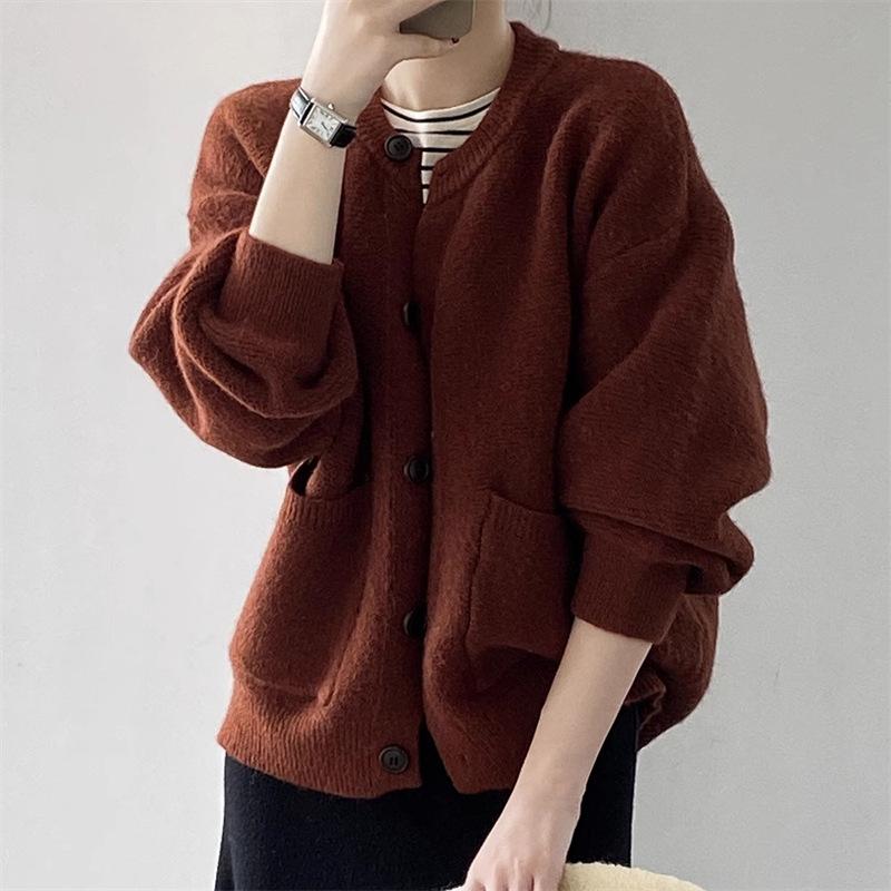 

IHUASU Женский однотонный джемпер, женский средней длины, осенне-зимний, с карманами, вязаный кардиган, свободный, ленивый One size кофейный