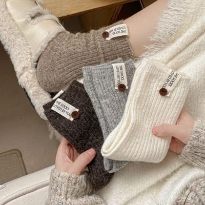 Women's Autumn and Winter Warm Solid Color All Purpose Fabric Logo Button Vertical Stripe Wool Tube Socks