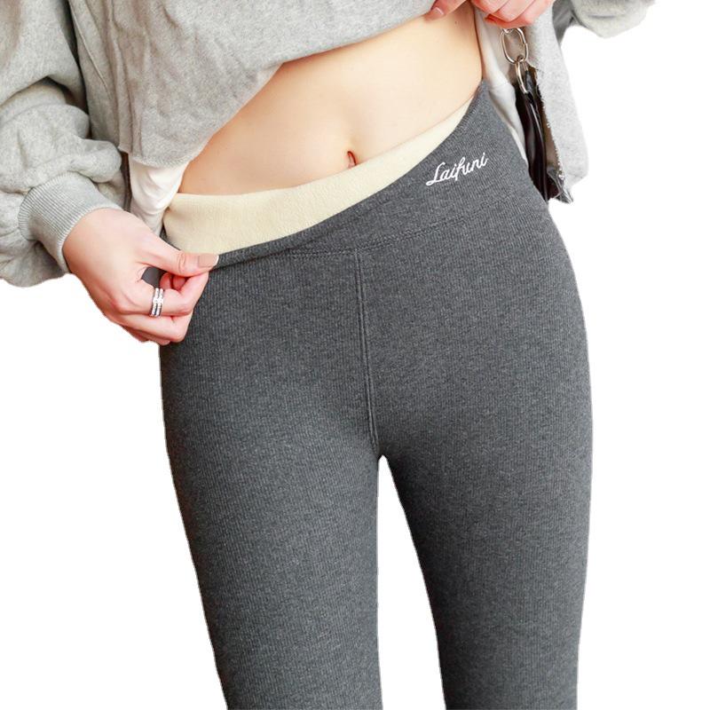 Leggings de damă cu talie înaltă, super groase, din lână de miel gri, cu căptușeală plusată de catifea pentru toamnă și iarnă