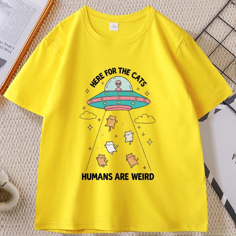 Funny Cat TShirt Here for The Cats HuUnisexs Are Weird Tshirt Vintage Cartoon Tee Alien UFO Cat Lover Graphic Unisex T Shirt