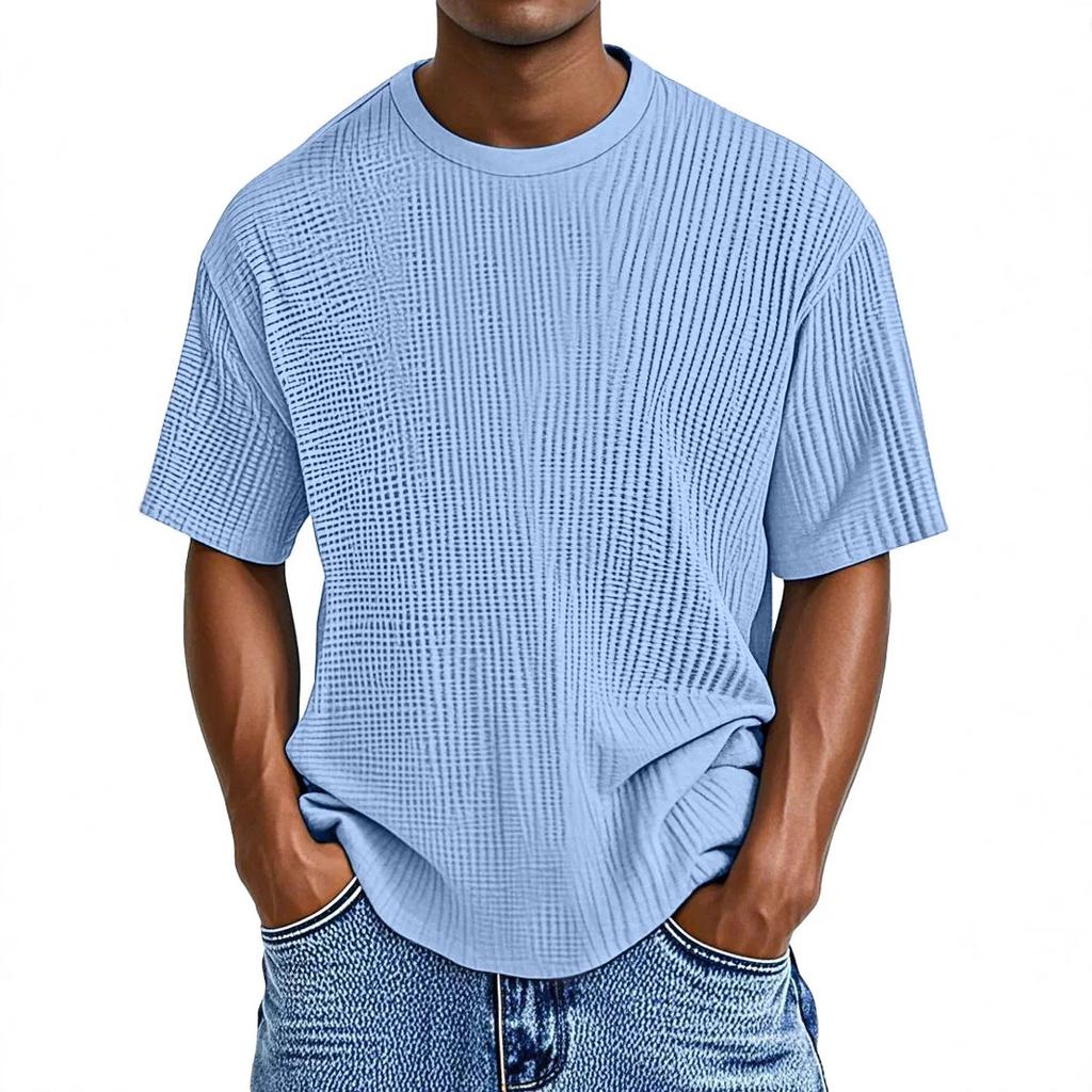 Men's Vertical Striped Textured Crew Neck T-Shirt Loose Fit Breathable Short Sleeve Casual Tee