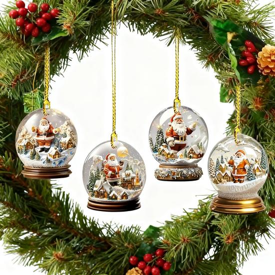4Pcs Christmas Santa Glass Ball Ornament Winter Holiday Party Xmas Tree Hanging 2D Acrylic Santa Claus Snow House Ball Decoration