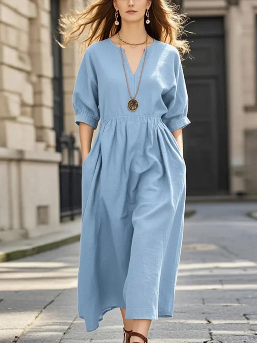 

European & American Women s Solid Color V-Neck Pleated Short Sleeve Cotton-Linen Long Dress with Pockets Extra Large вино красного