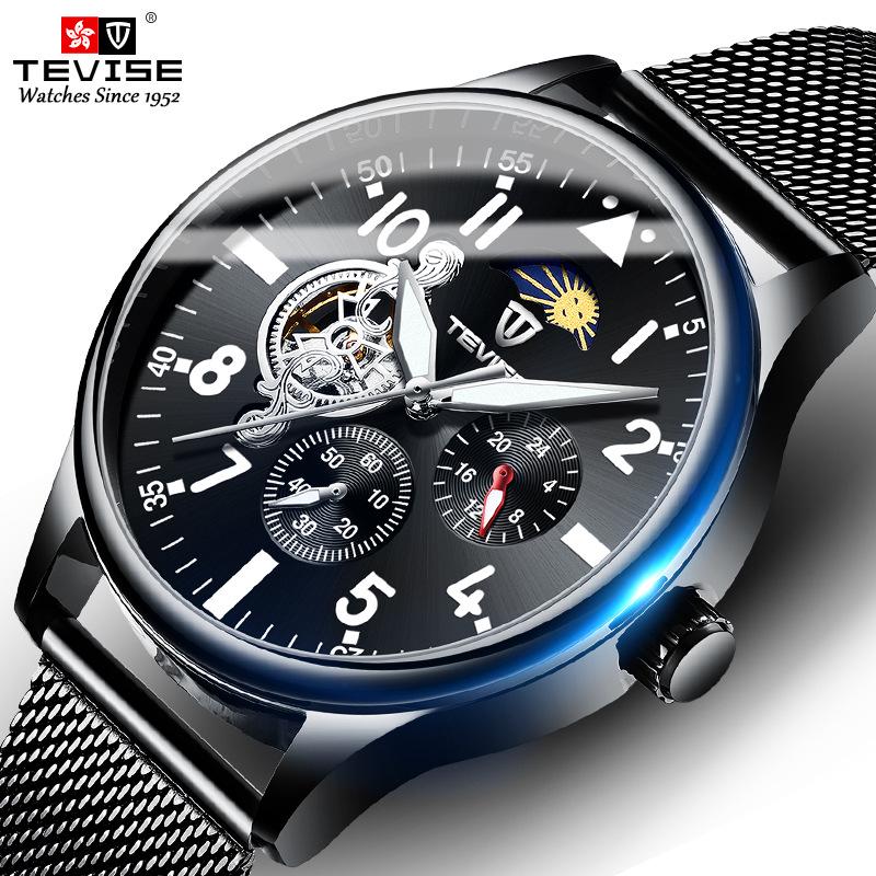 TEVISE Men Automatic Mechanical Watch Skeleton Sun Moon Phase Chronograph Mesh Steel Wristwatch