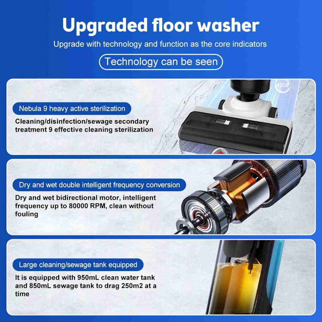 Cordless Floor Cleaner 15000Pa Suction Dual Water Vacuum Cleaner for Household