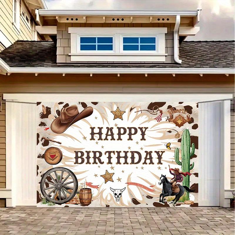 A birthday banner for a cowboy from the west made of polyester fiber suitable for both home and party use.
