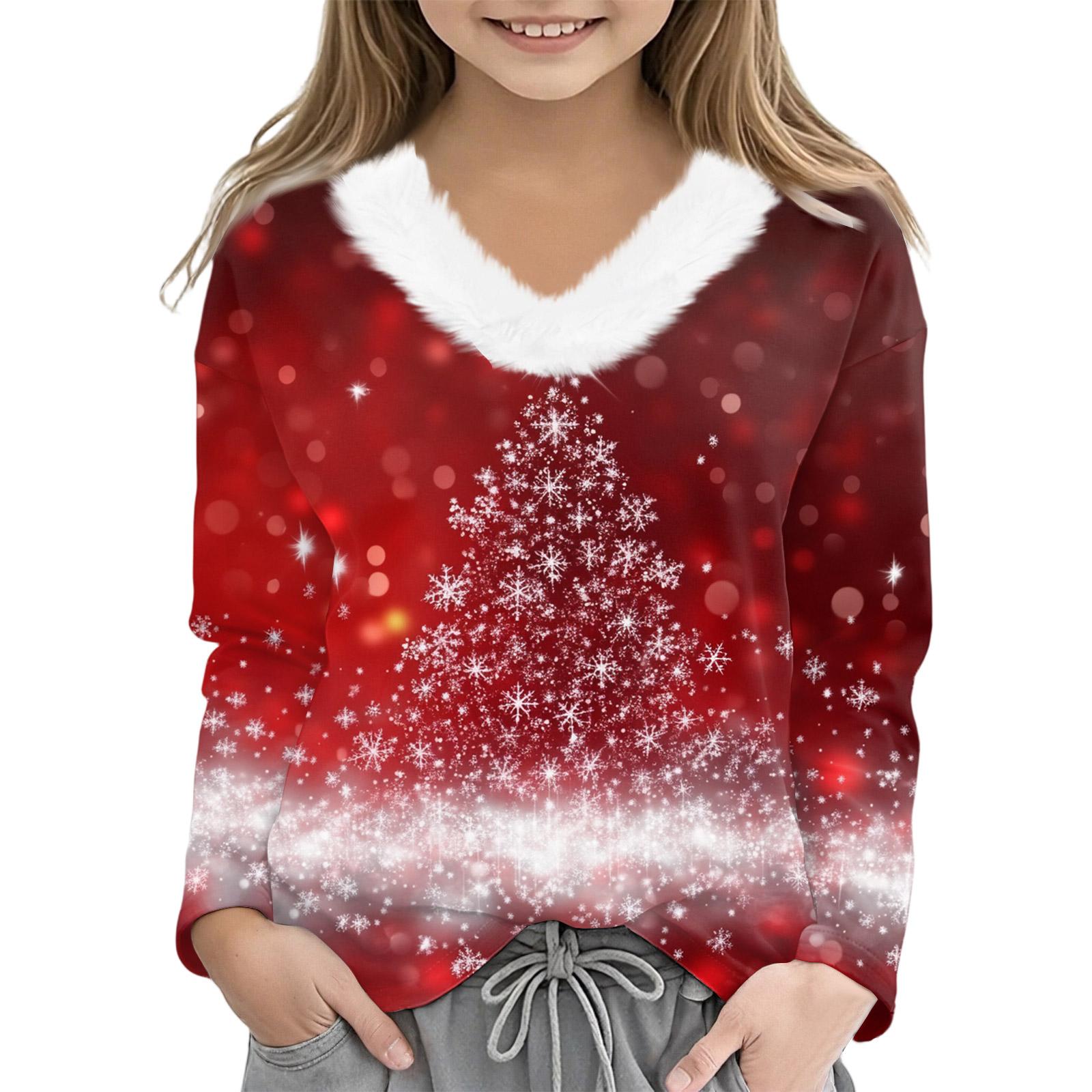 

Рождественские футболки с длинным рукавом для девочек, детская футболка с V-образным вырезом, рождественский принт, топ с длинным рукавом 160 белый