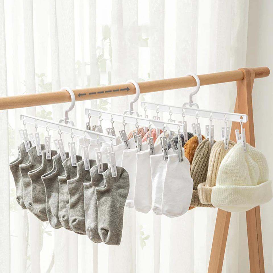 Multifunction Clothes Hanger with 8 Clips Antiskid Space Saving Closet Organizer Drip Foldable Hanging Rack Drying Towels Bras Baby Clothes Gloves