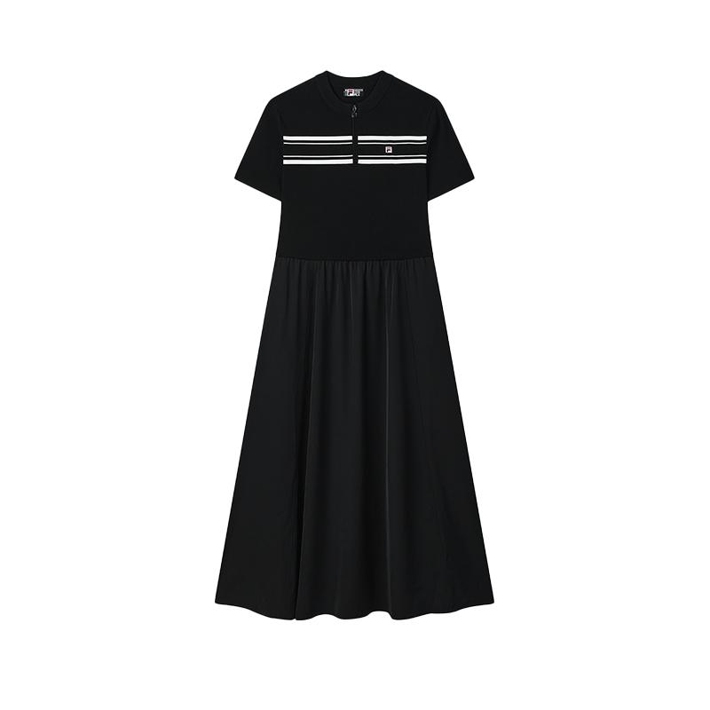 FILA Heritage Series Fashion Casual Comfortable Mid-Length Short Sleeve Dress Women dresses Black F11W528307F-BK