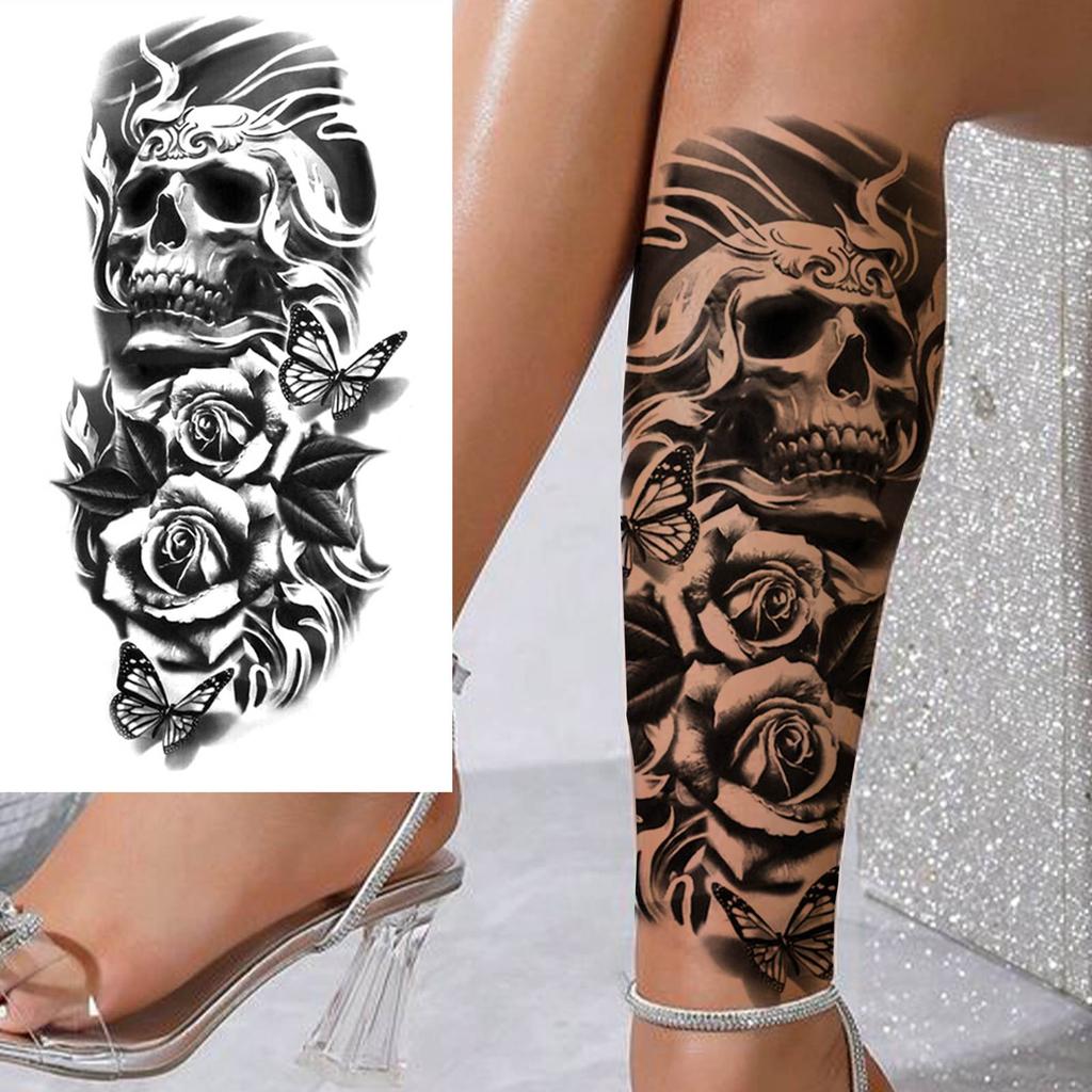 1 Blatt Temporäre Skelett-Tattoos für Damen Herren Fake Death Totenkopf Blume Tattoo Aufkleber Körperkunst Zeichnung Arm Unterarm Taille Rücken