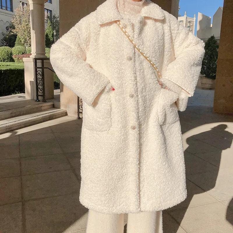 Dámská podzimní/zimní jednobarevná zimní hřejivá bunda s imitací jehněčí vlny, korejská volná a sametová dlouhá mikina s kapucí