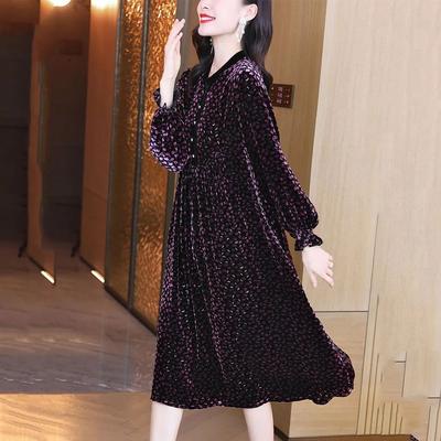 Frühling Herbst Damen Übergröße Kleid Gold Samt Tupfenmuster Kleid Locker Retro Midilänge A-Linien-Kleid