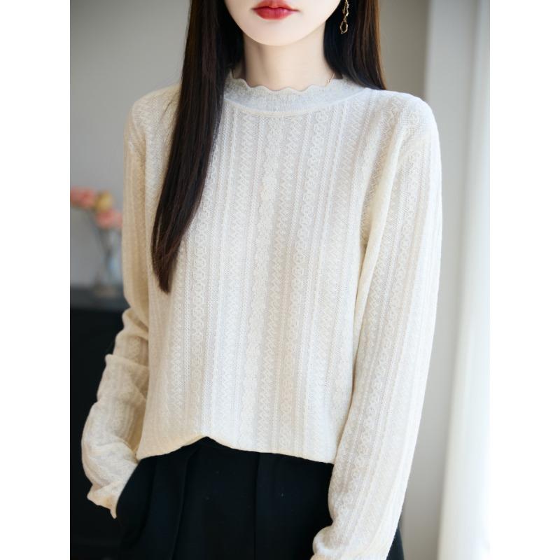 

Worsted wool lace organza neck sweater women s wavy edge design gentle wind knitted sweater autumn and winter M