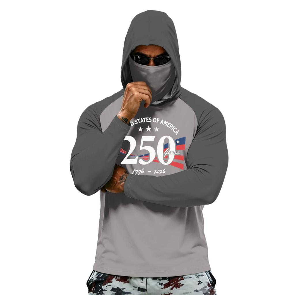 Men Long Sleeve Hooded Sun Protection Shirt with National Flag Graphic Quick Dry Lightweight Athletic Top for Outdoor Activities