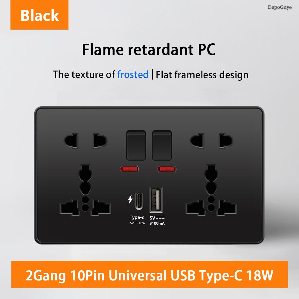 18W Type-C Plug Quick Charging Universal 5-pin Dual Power Socket,UK Standard 13A Wall Socket with DC 5V 3.1A Type-c USB Charger