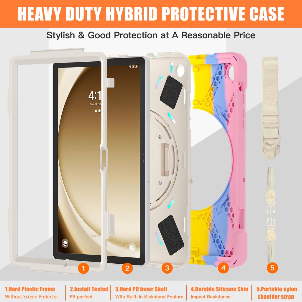 Rugged Case for Samsung Galaxy Tab A9 Plus 2023 11.0 Inch SM-X210 X215 X216B 360 Rotating Stand Cover with Hand & Shoulder Strap